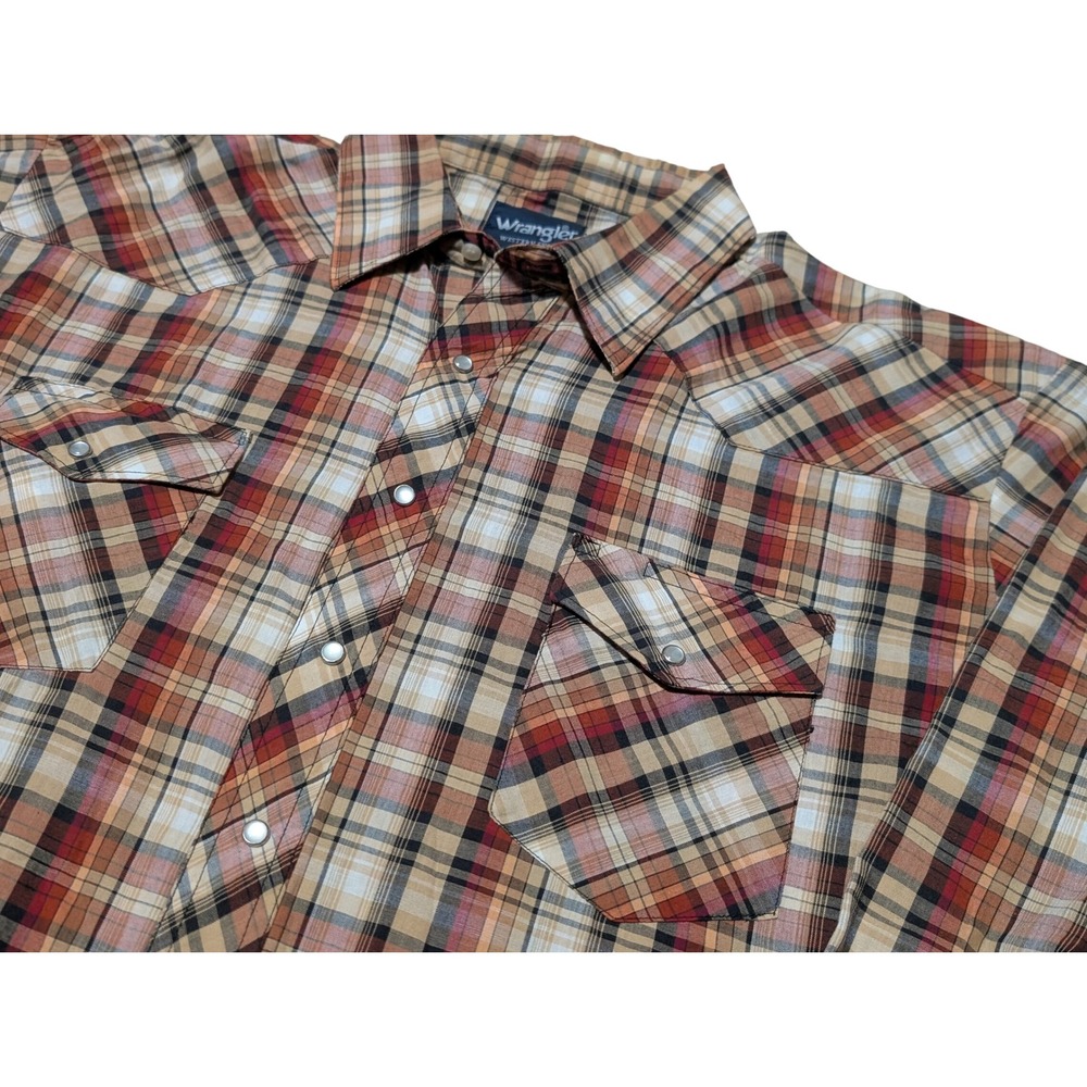Vintage Wrangler Western Shirt Mens 2XLT Orange Plaid‎ Pearl Snap Tall Cowboy